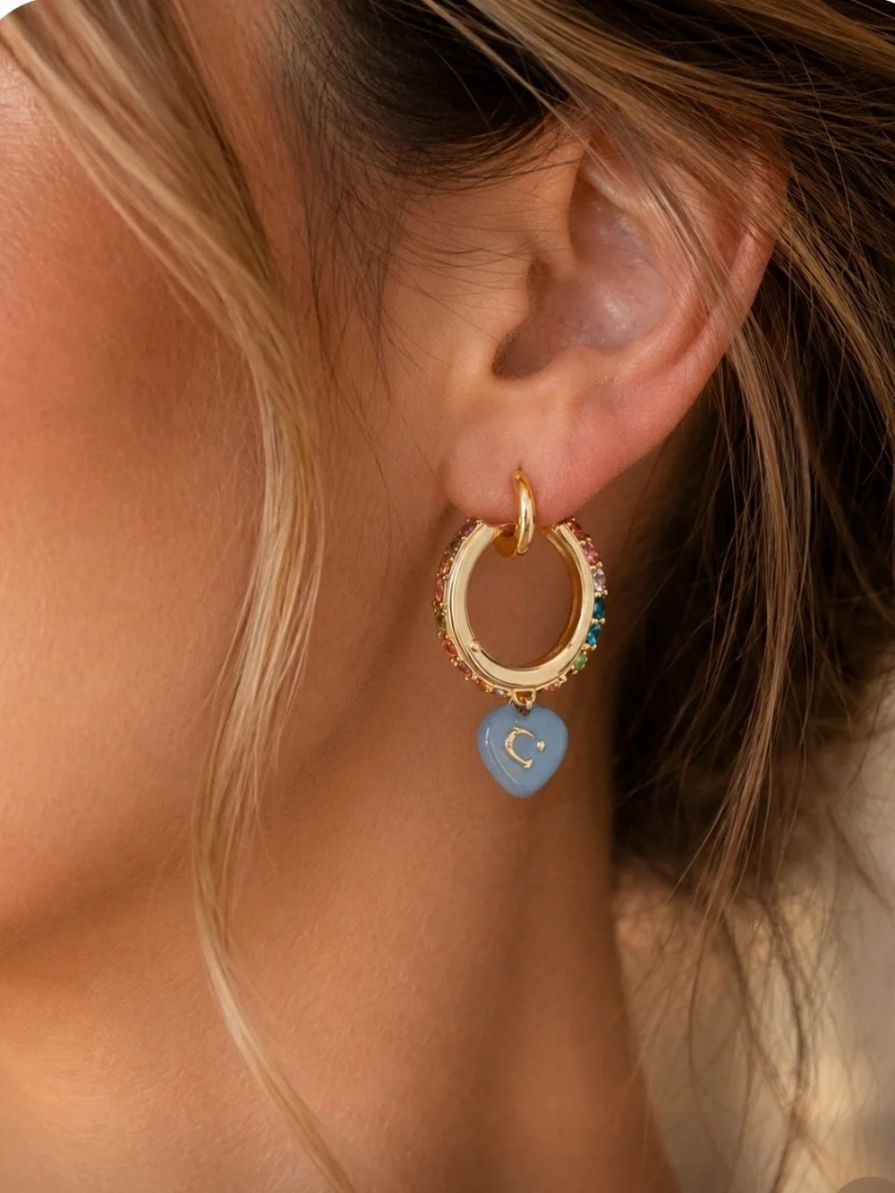 NWT Coach Rainbow Pavé Heart Charm Huggie Hoop Earrings Blue Gold